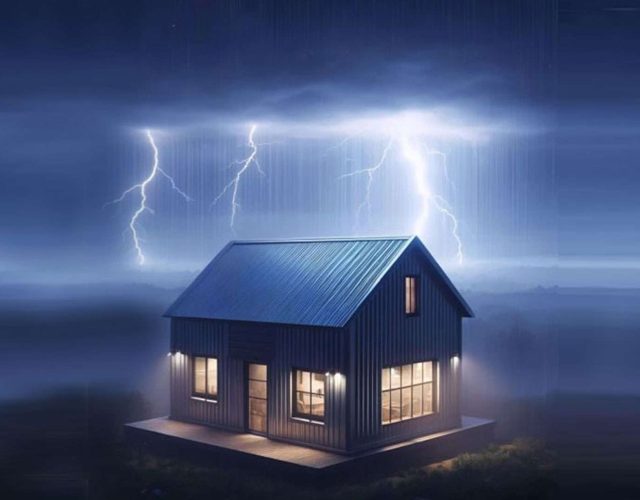 A small house with a metal roof illuminated at night as lightning strikes in the distance under a dark stormy sky.